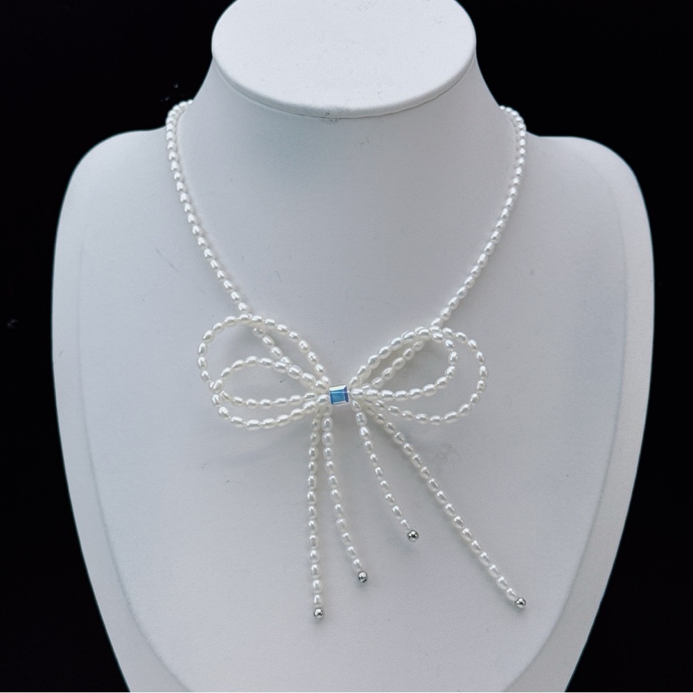X359 S925 High Quality Freshwater Pearl Bow Necklace - Picture 8 of 8